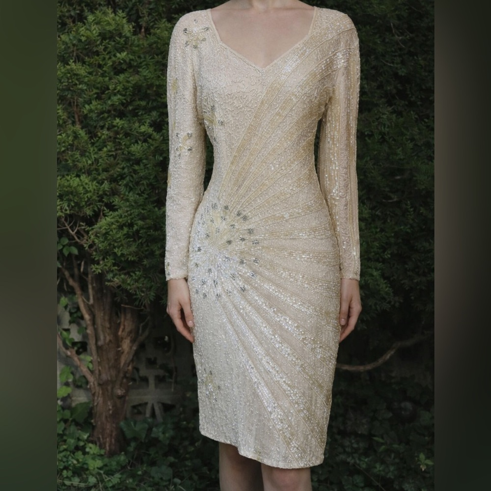 VINTAGE 100% Silk Jewel Queen Beaded Ivory Long-Sleeve Gown